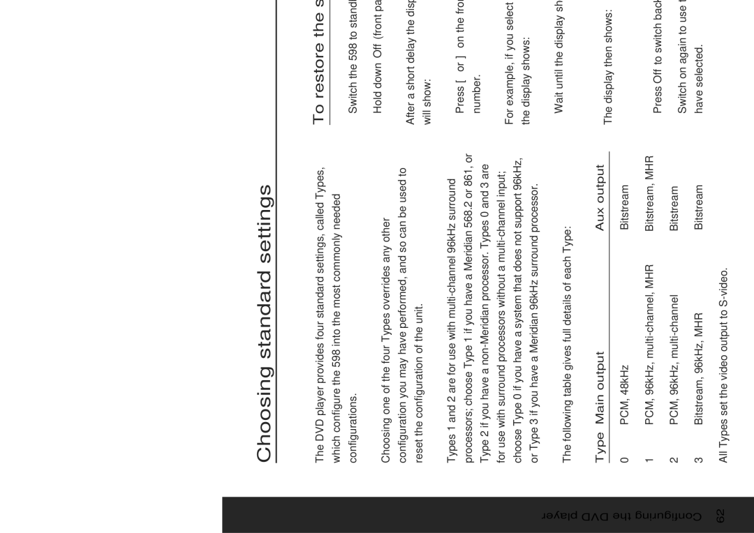 Meridian America 598 manual Choosing standard settings, To restore the standard settings 