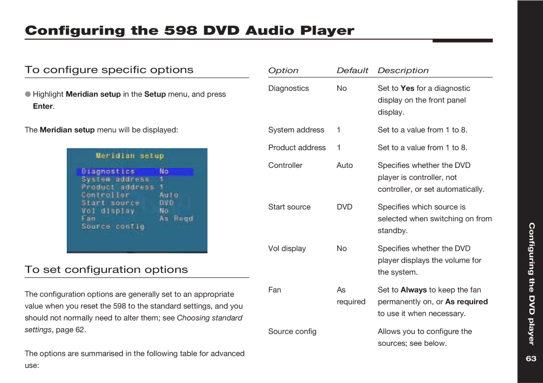 Meridian America Configuring the 598 DVD Audio Player, To configure specific options, To set configuration options 