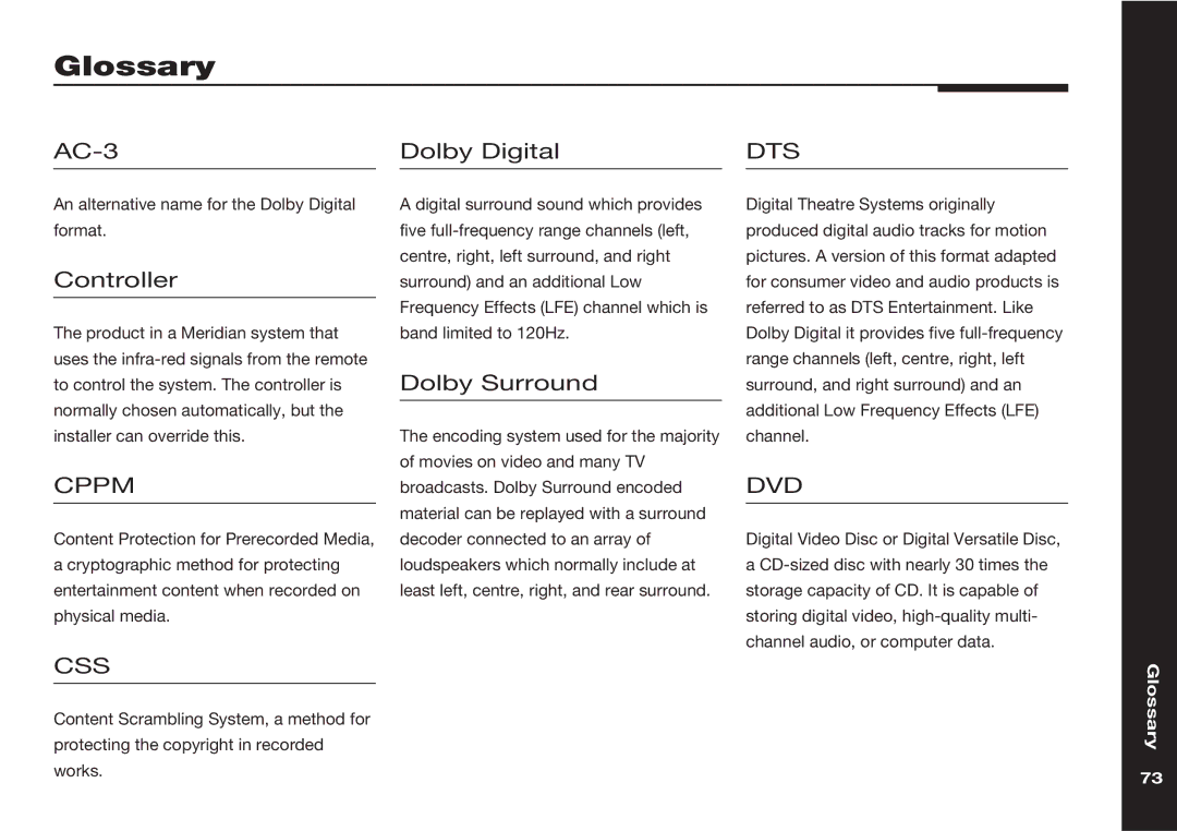 Meridian America 598 manual Glossary, AC-3 Dolby Digital, Controller, Dolby Surround 