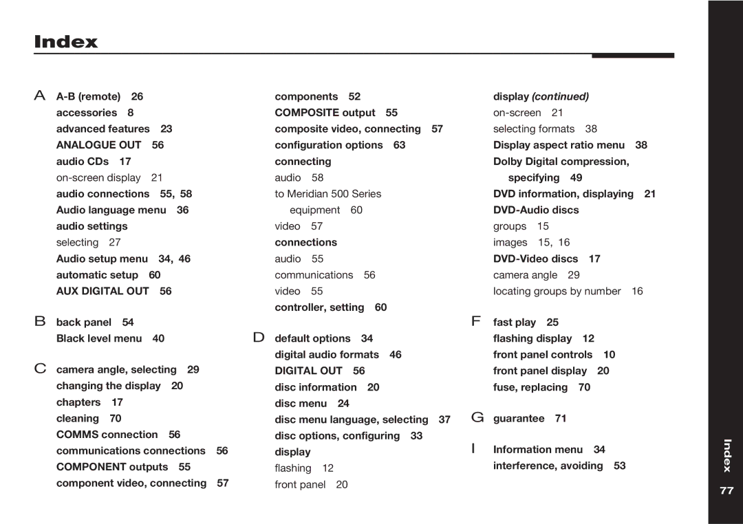 Meridian America 598 manual Index, Analogue OUT 