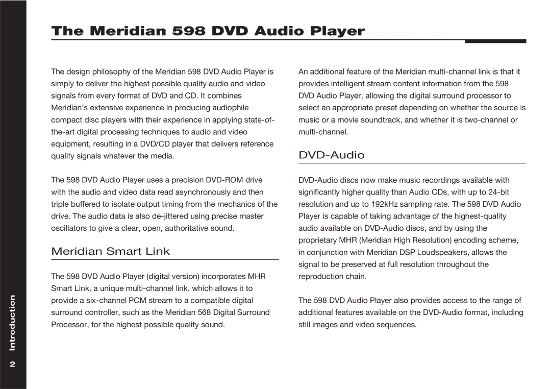 Meridian America manual Meridian 598 DVD Audio Player, Meridian Smart Link, DVD-Audio 