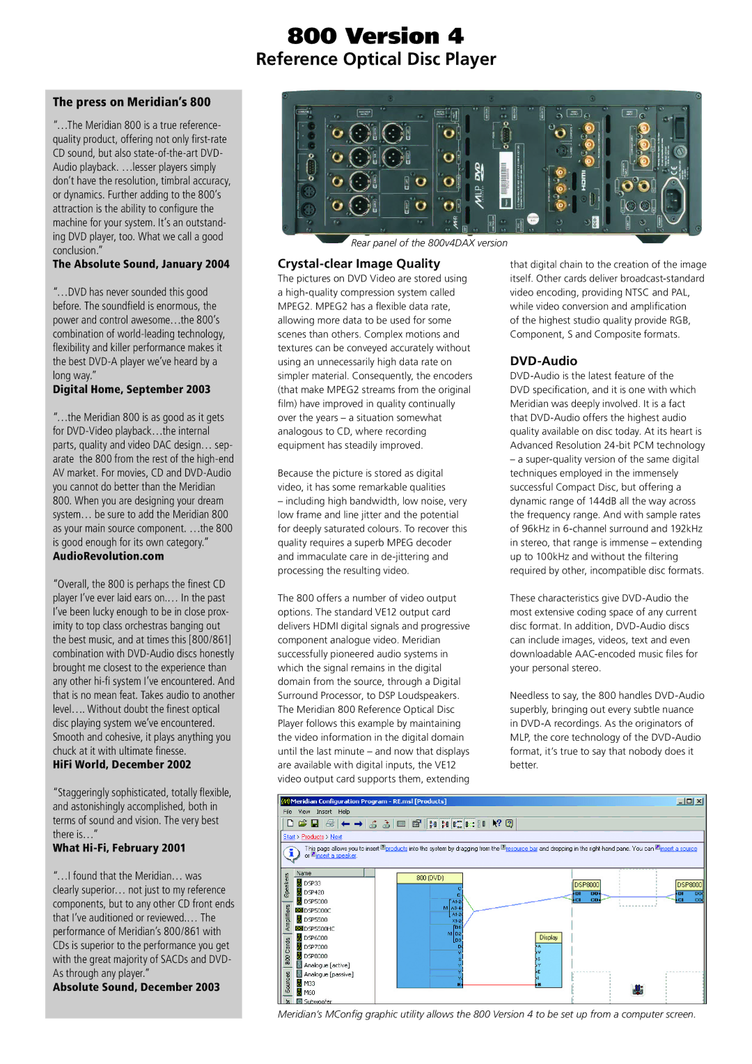 Meridian America 800 Version 4 manual Press on Meridian’s, Crystal-clear Image Quality, DVD-Audio 