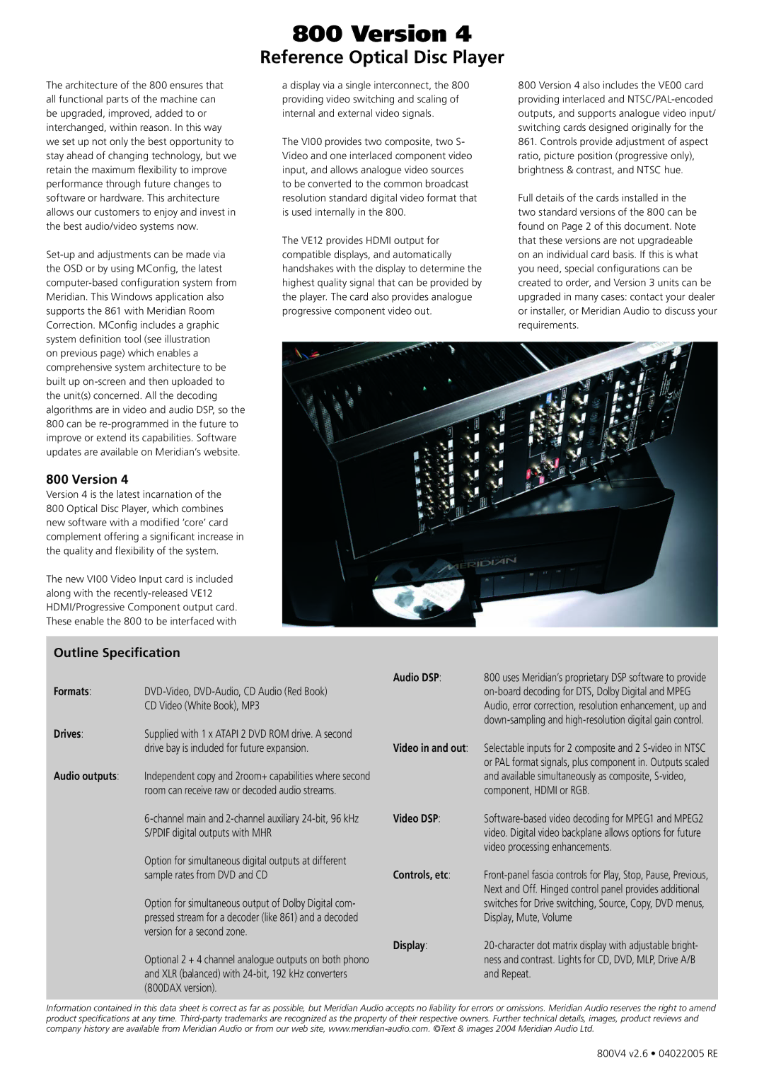 Meridian America 800 Version 4 manual Outline Speciﬁcation 