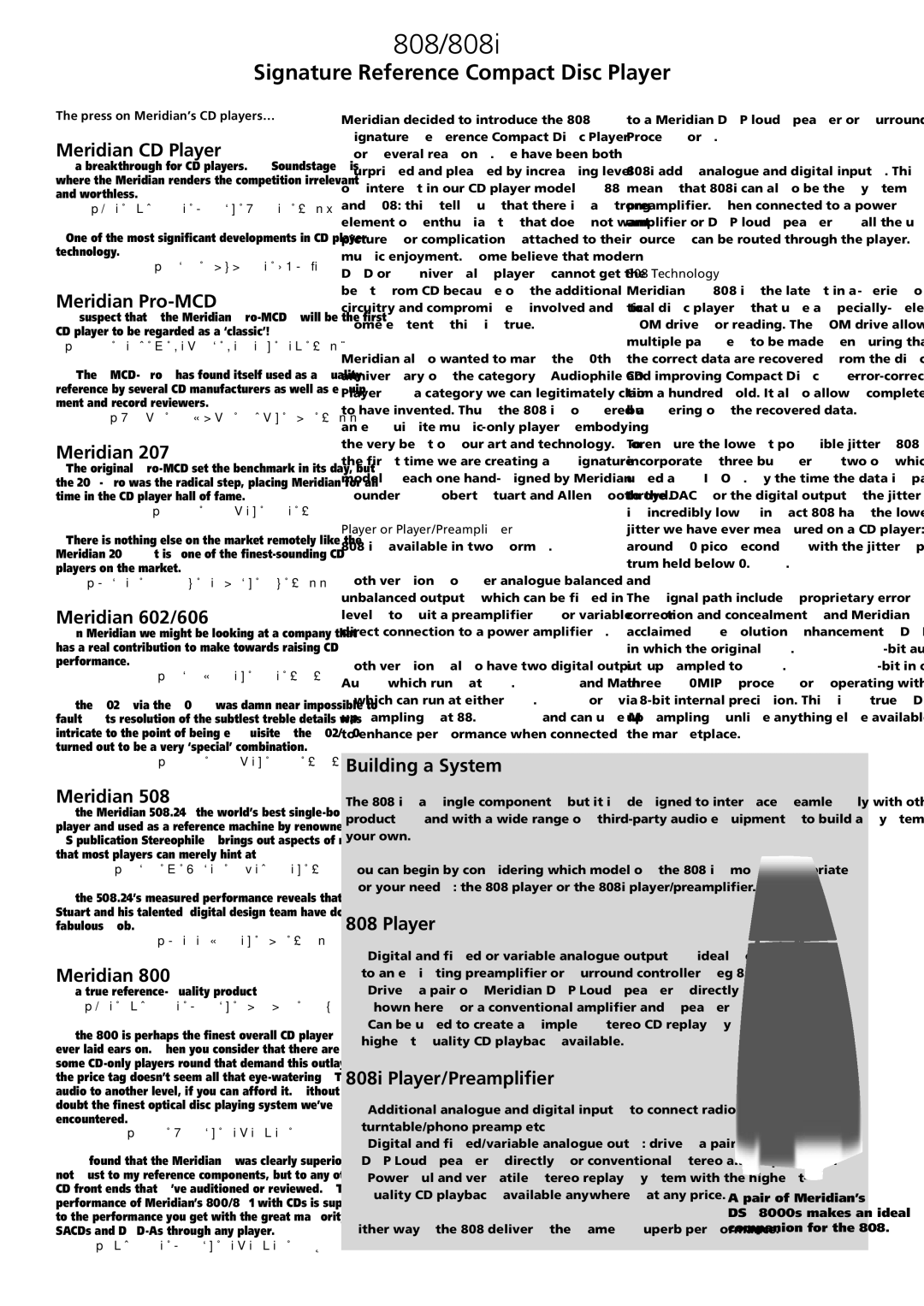 Meridian America Meridian CD Player, Meridian Pro-MCD, Meridian 602/606, Building a System, 808i Player/Preampliﬁer 
