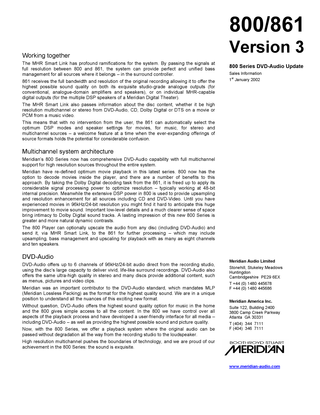 Meridian America 861, 800 manual Working together, Multichannel system architecture, DVD-Audio 