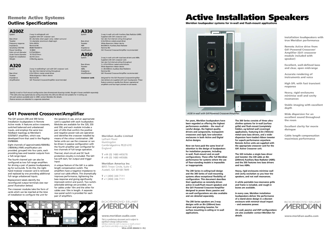 Meridian America specifications Remote Active Systems, Outline Specifications A200Z A330, A350, A320 