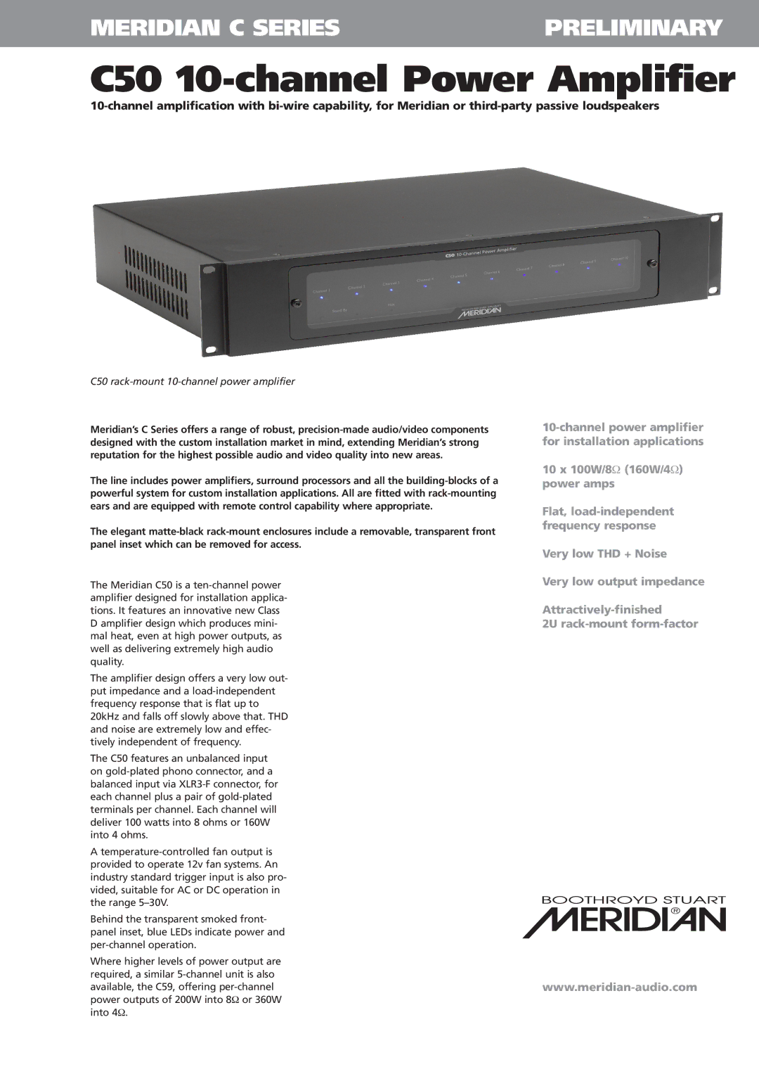 Meridian America manual C50 10-channel Power Amplifier, Meridian C Series Preliminary 