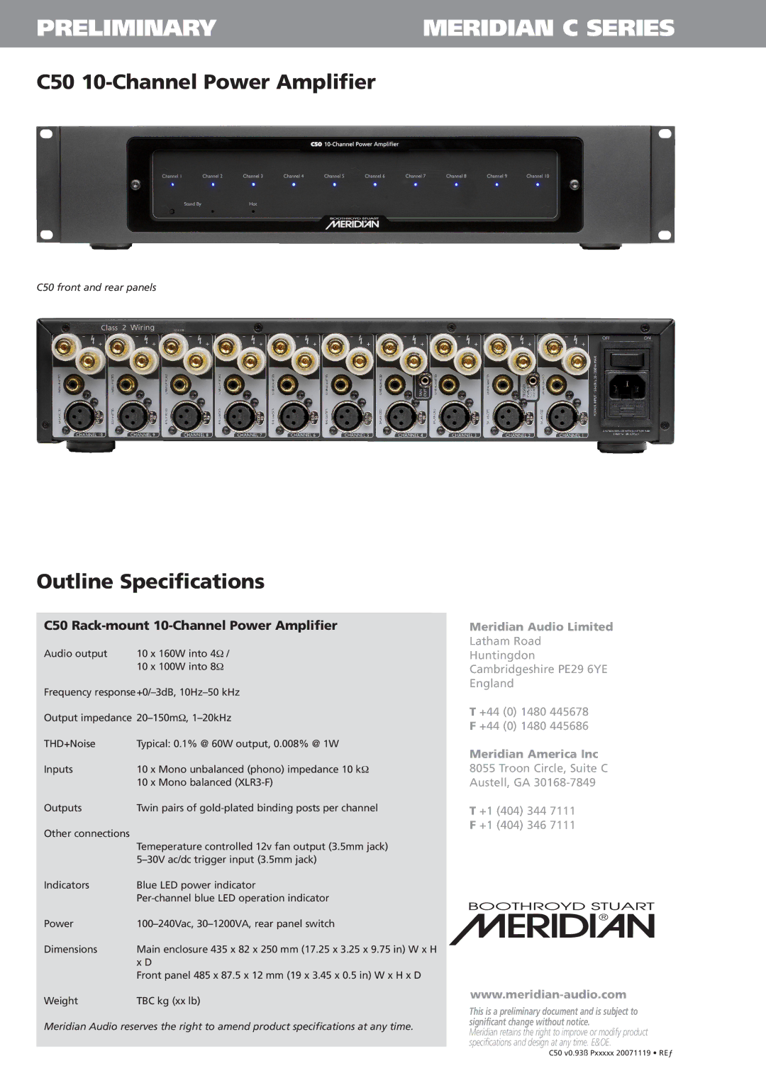 Meridian America manual Preliminary Meridian C Series, C50 10-Channel Power Amplifier, Outline Specifications 