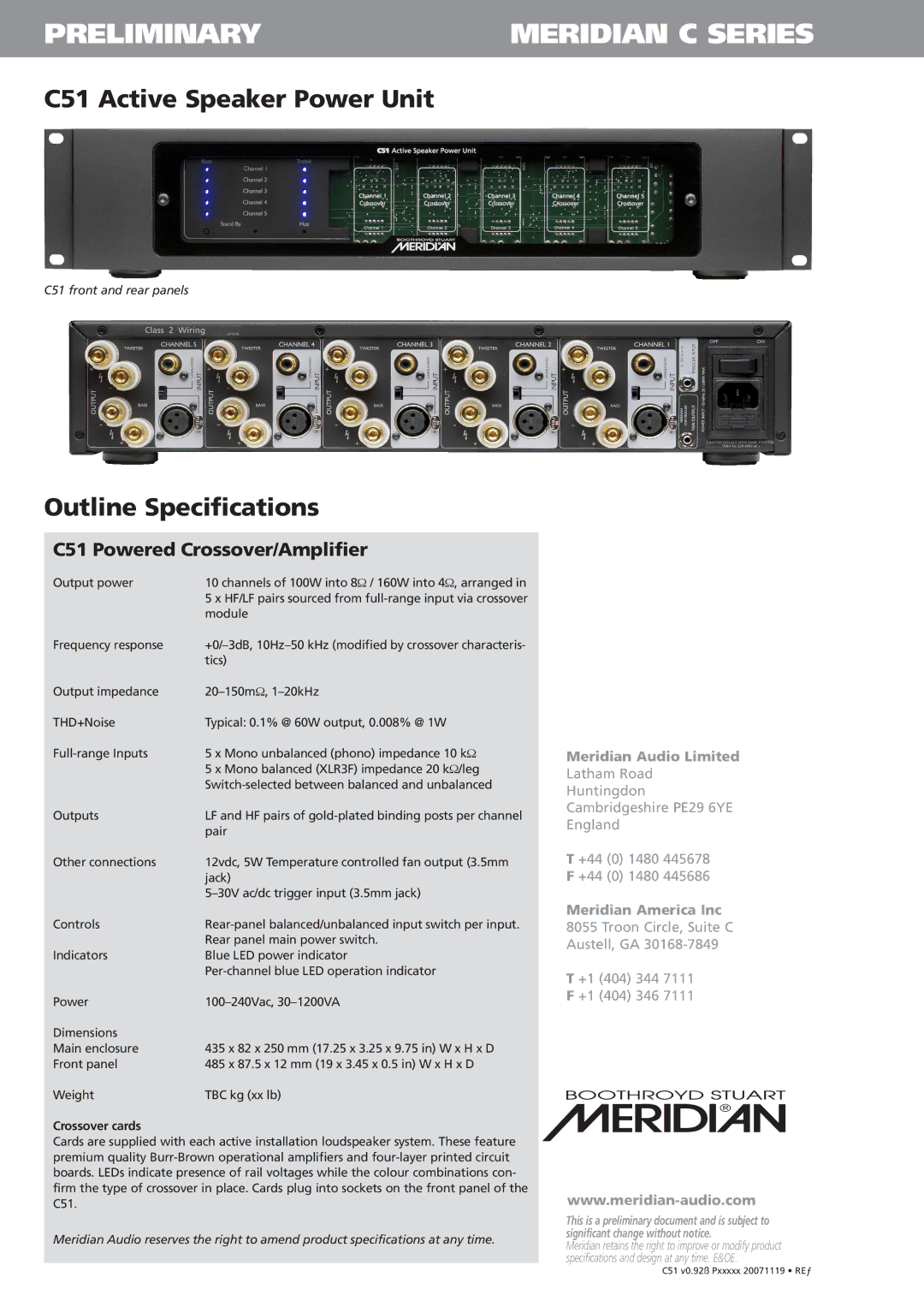 Meridian America manual Preliminary Meridian C Series, C51 Active Speaker Power Unit, Outline Specifications 