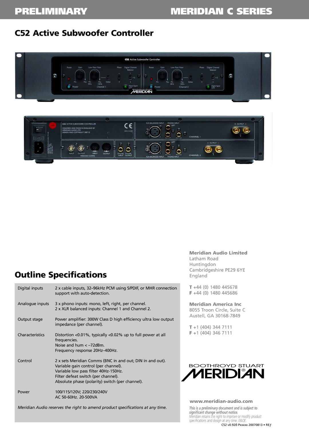 Meridian America specifications Preliminary Meridian C Series, C52 Active Subwoofer Controller Outline Specifications 