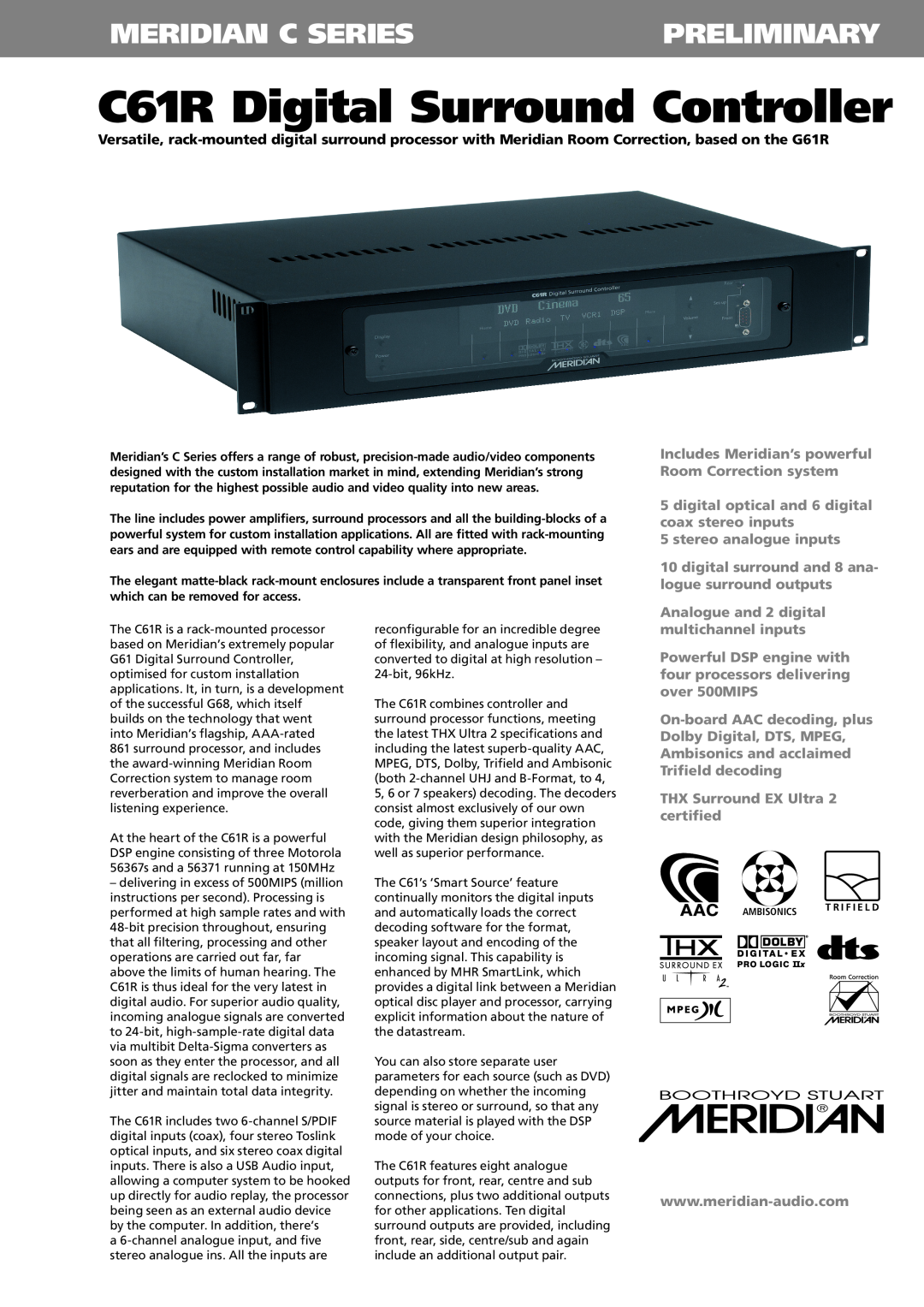Meridian America specifications Meridian C Series, Preliminary, C61R Digital Surround Controller 