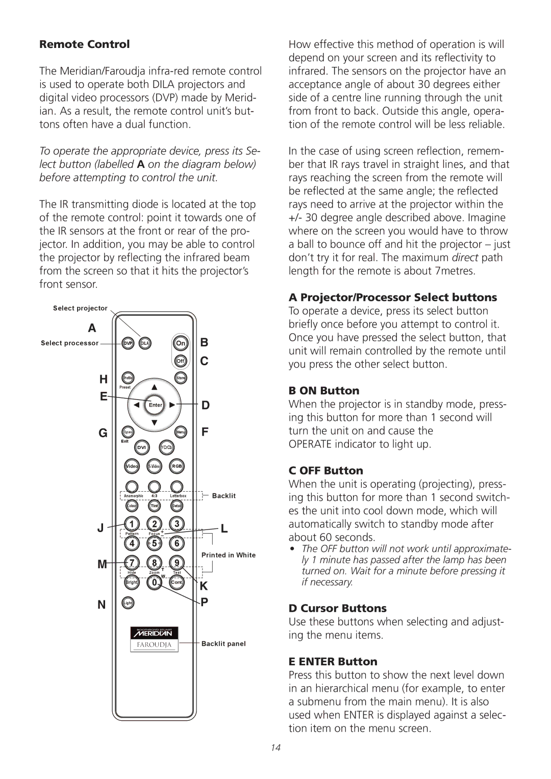 Meridian America D-ILA 1080MF1 operation manual Remote Control, Projector/Processor Select buttons, On Button, OFF Button 