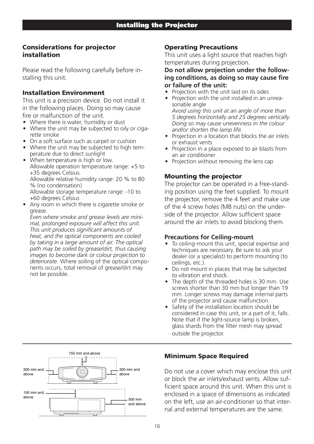 Meridian America D-ILA 1080MF1 operation manual Installing the Projector 