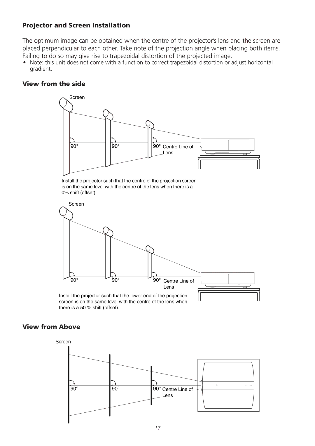 Meridian America D-ILA 1080MF1 operation manual Projector and Screen Installation, View from the side, View from Above 