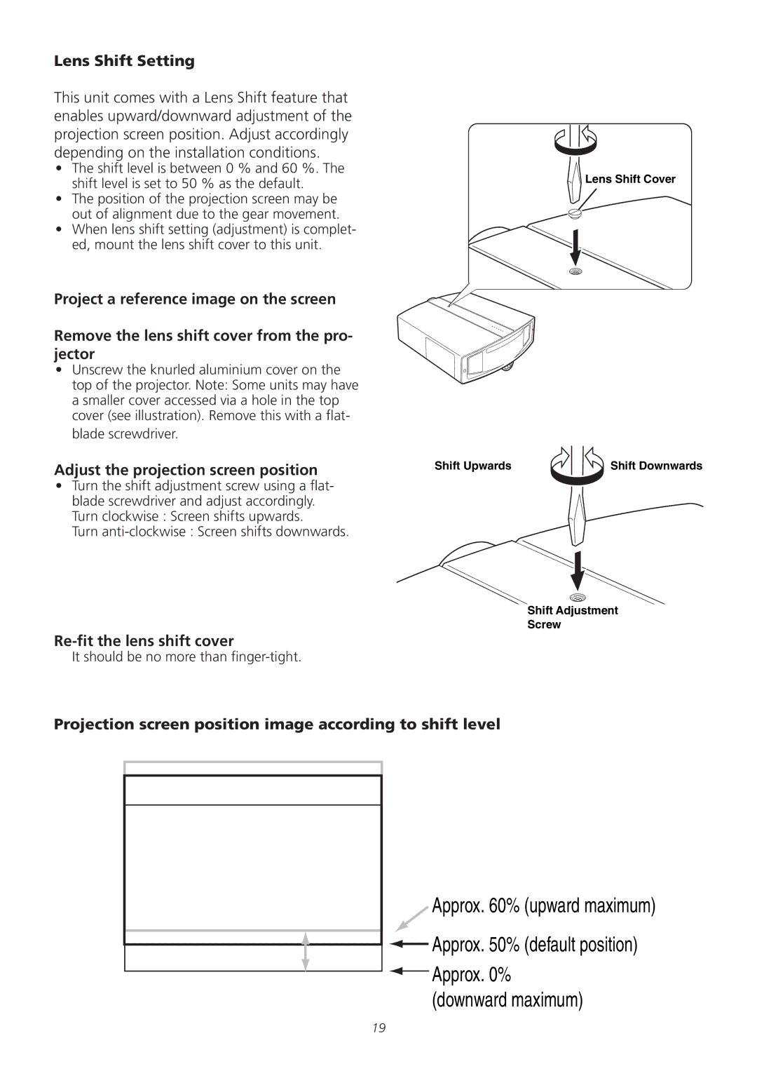 Meridian America D-ILA 1080MF1 Lens Shift Setting, Adjust the projection screen position, Re-fit the lens shift cover 