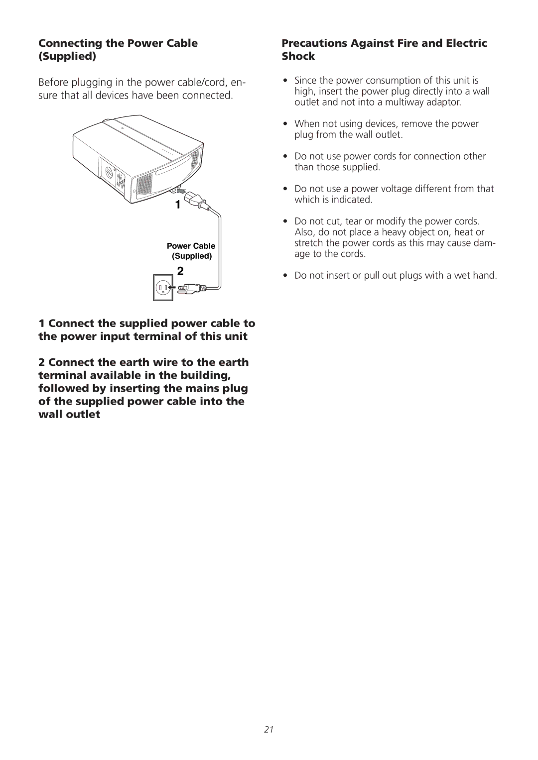 Meridian America D-ILA 1080MF1 operation manual Connecting the Power Cable Supplied 