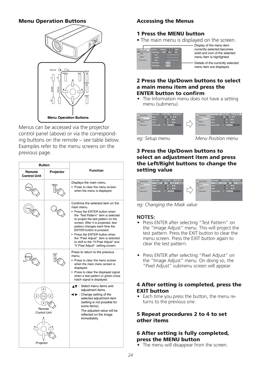 Meridian America D-ILA 1080MF1 operation manual Menu Operation Buttons, Accessing the Menus Press the Menu button 