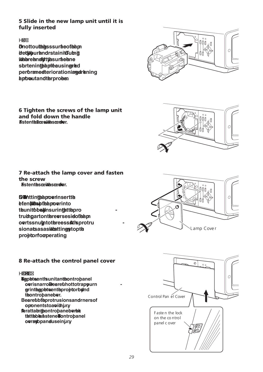 Meridian America D-ILA 1080MF1 operation manual Tighten the screws of the lamp unit and fold down the handle 