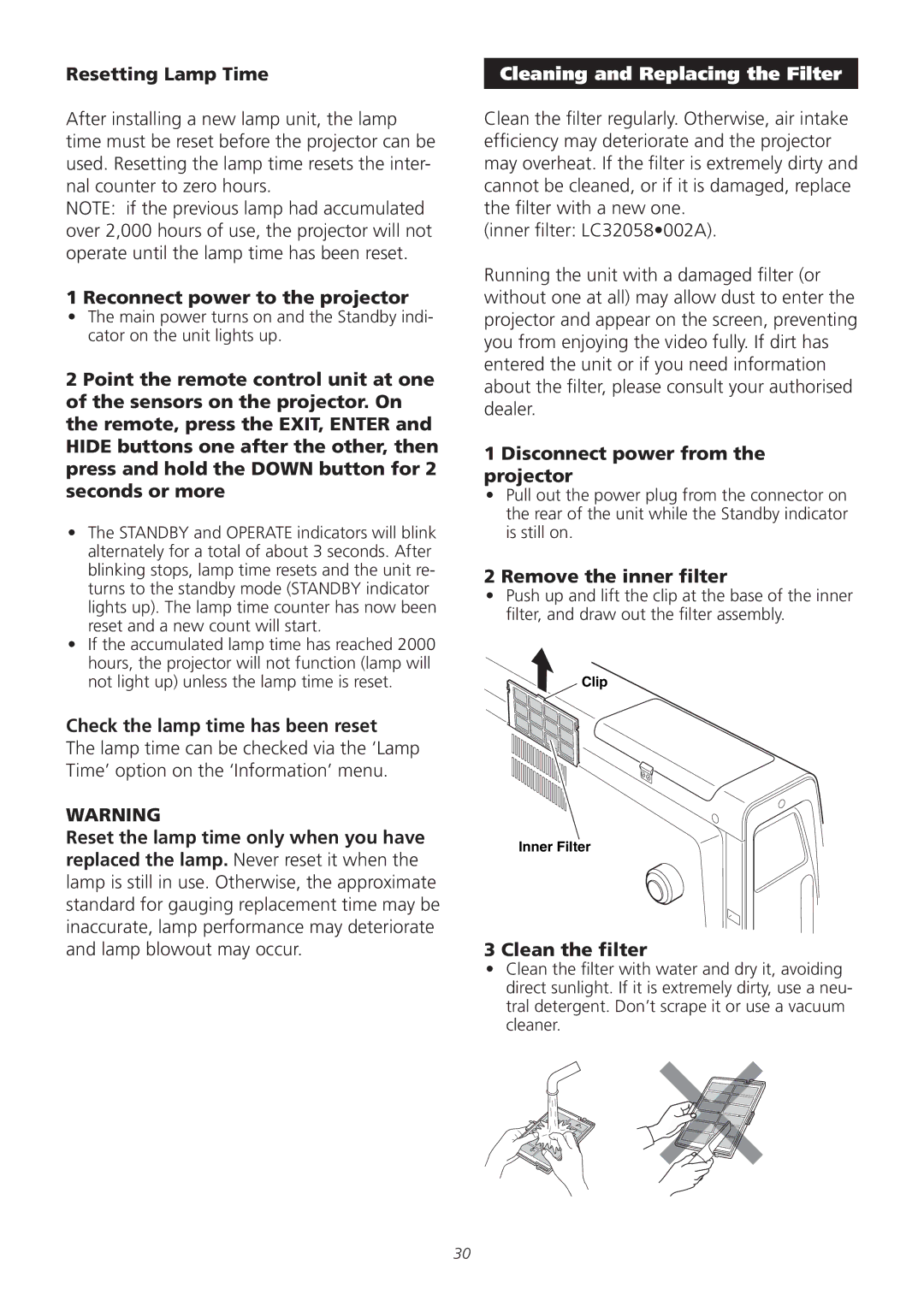 Meridian America D-ILA 1080MF1 operation manual Cleaning and Replacing the Filter 