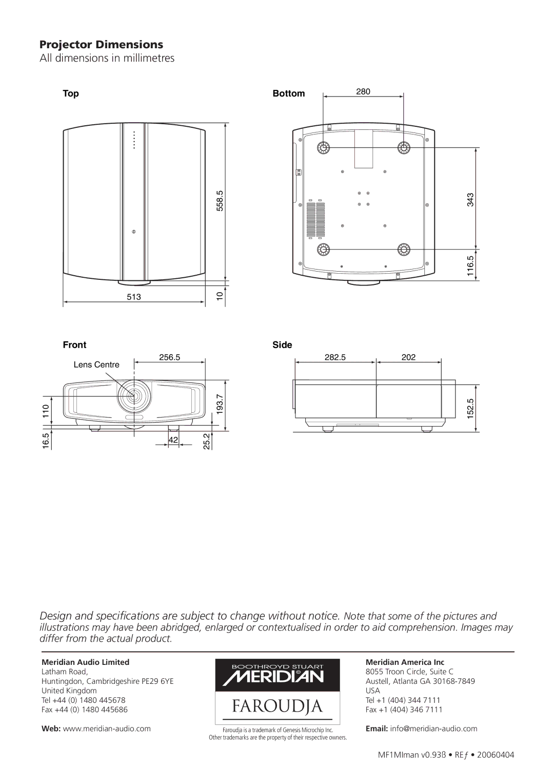 Meridian America D-ILA 1080MF1 operation manual Projector Dimensions, All dimensions in millimetres 