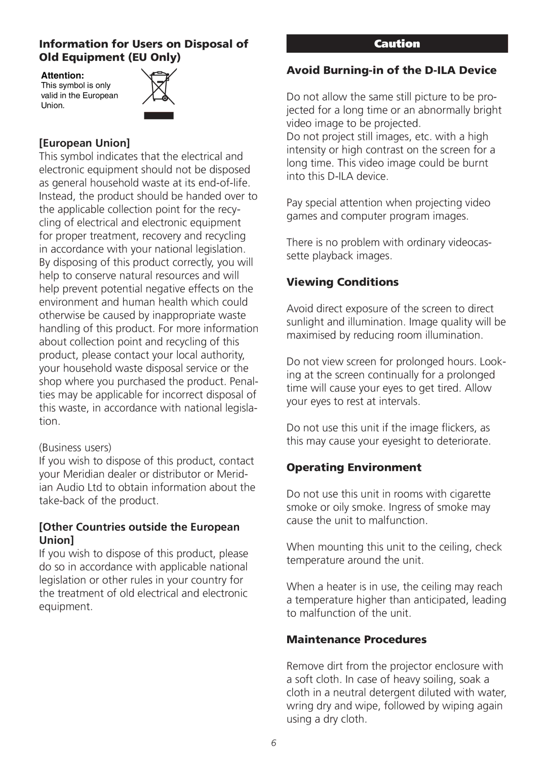 Meridian America D-ILA 1080MF1 operation manual Information for Users on Disposal of Old Equipment EU Only, European Union 