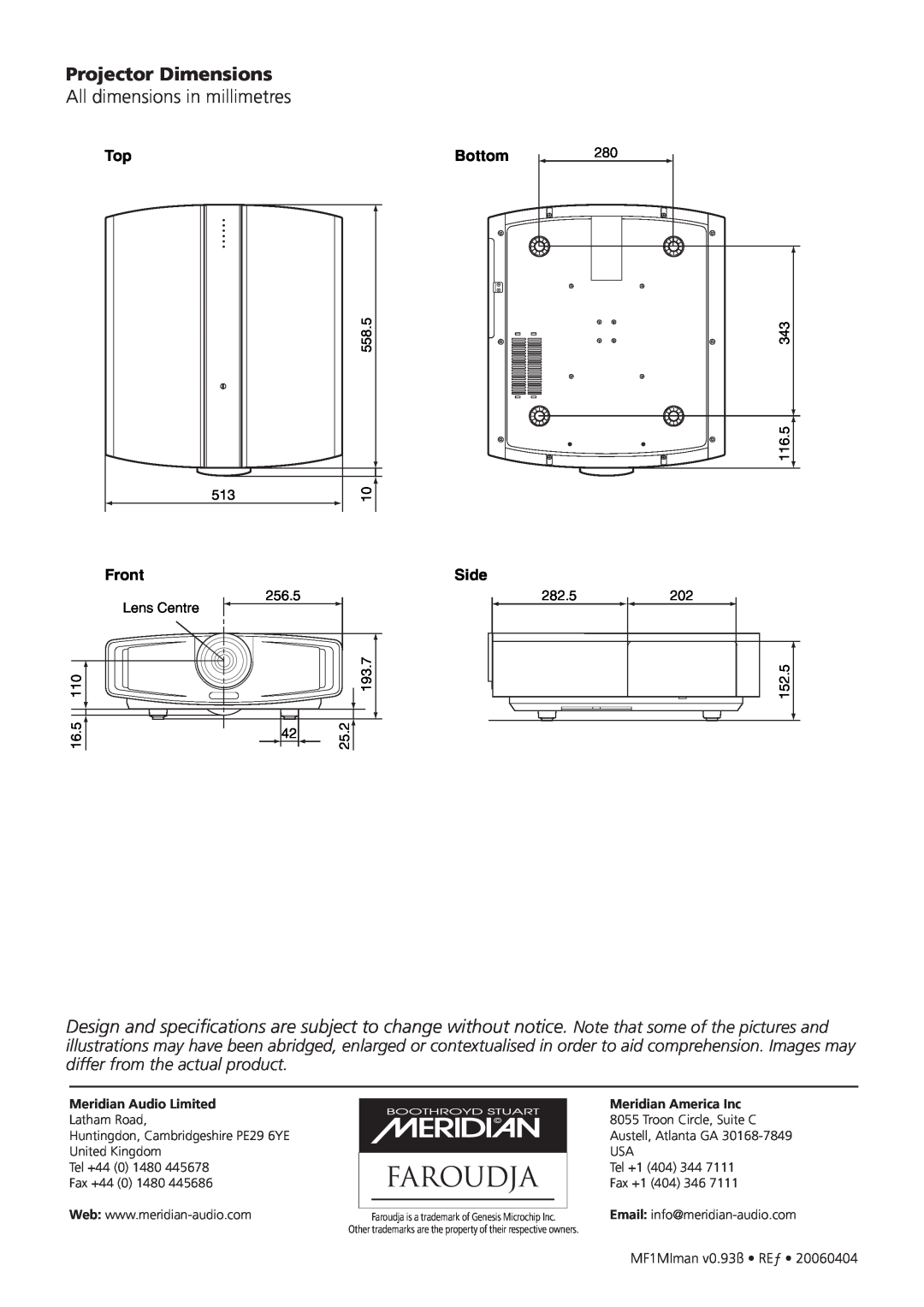 Meridian America D-ILA 1080MF1 operation manual Projector Dimensions, All dimensions in millimetres 