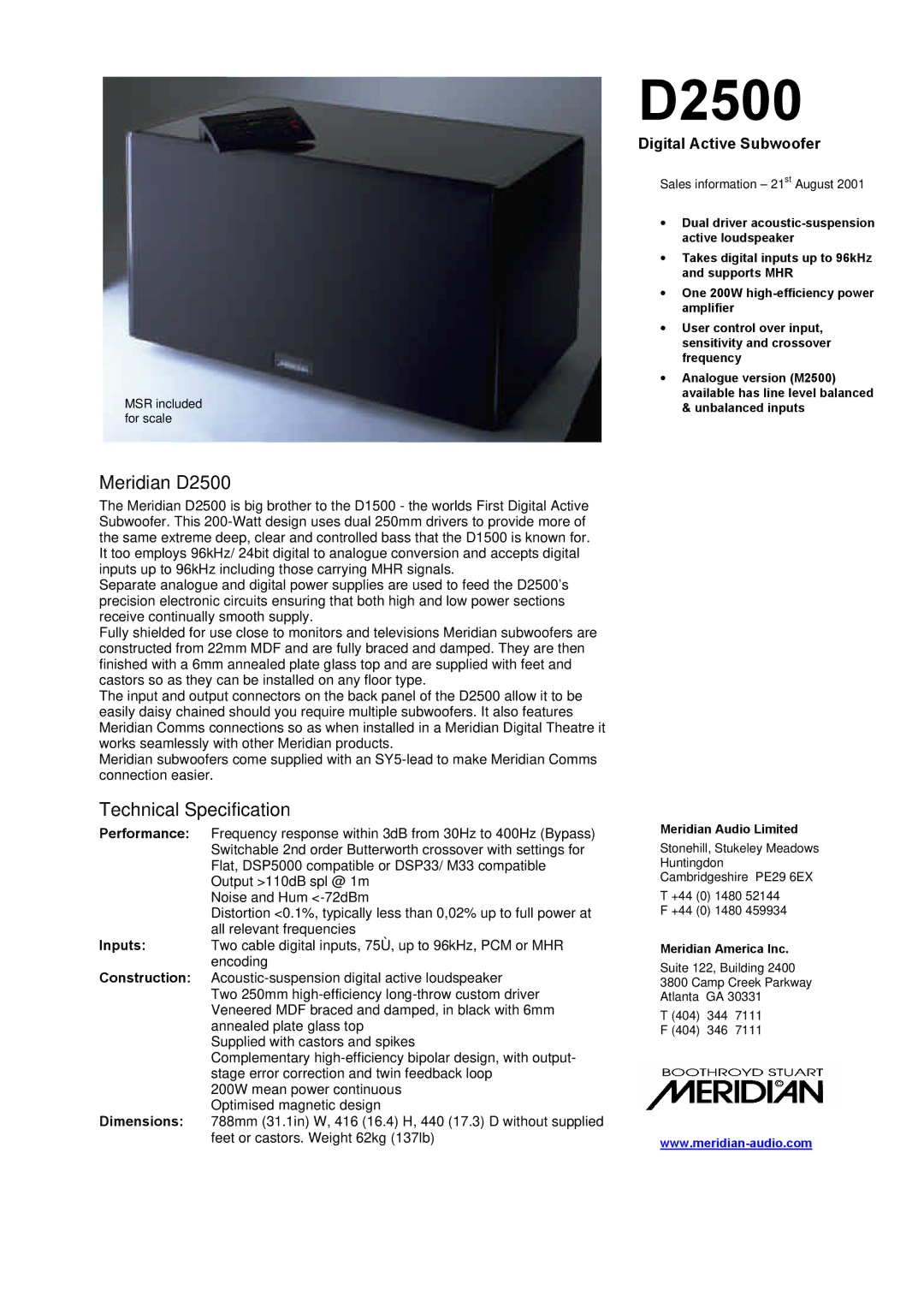 Meridian America dimensions Meridian D2500, Technical Specification, Digital Active Subwoofer 