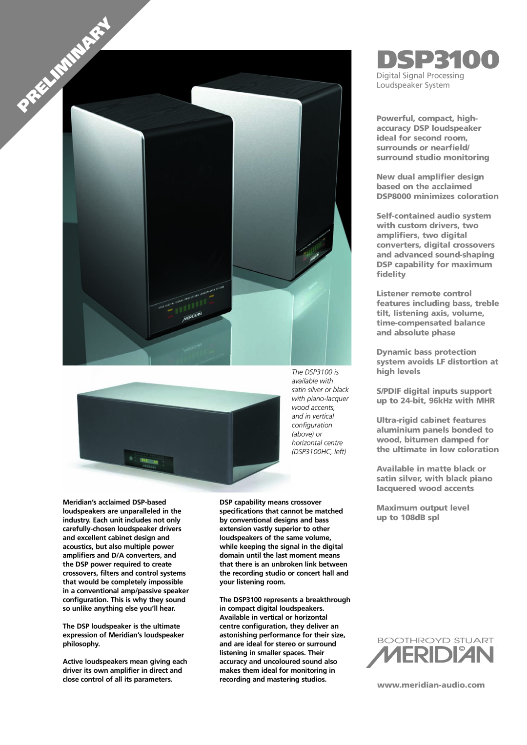 Meridian America dsp3100 specifications DSP3100, Digital Signal Processing Loudspeaker System 