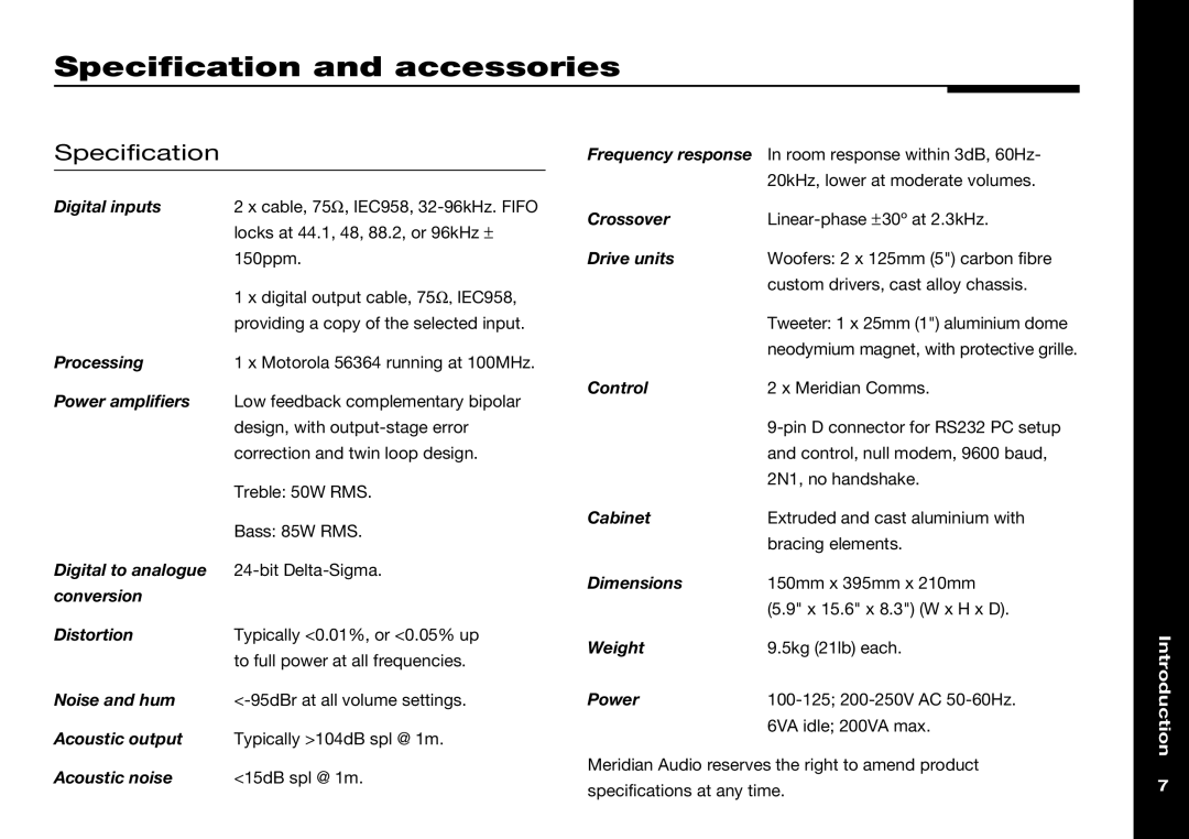 Meridian America DSP33 manual Specification and accessories 