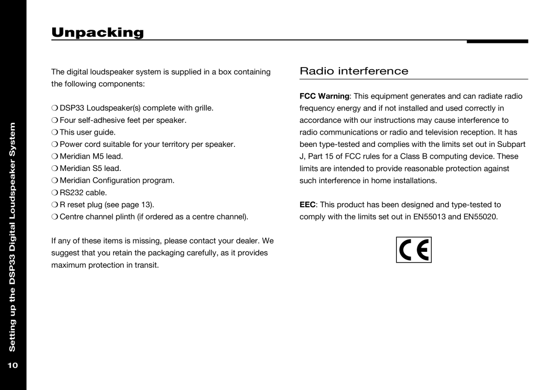 Meridian America DSP33 manual Unpacking, Radio interference 