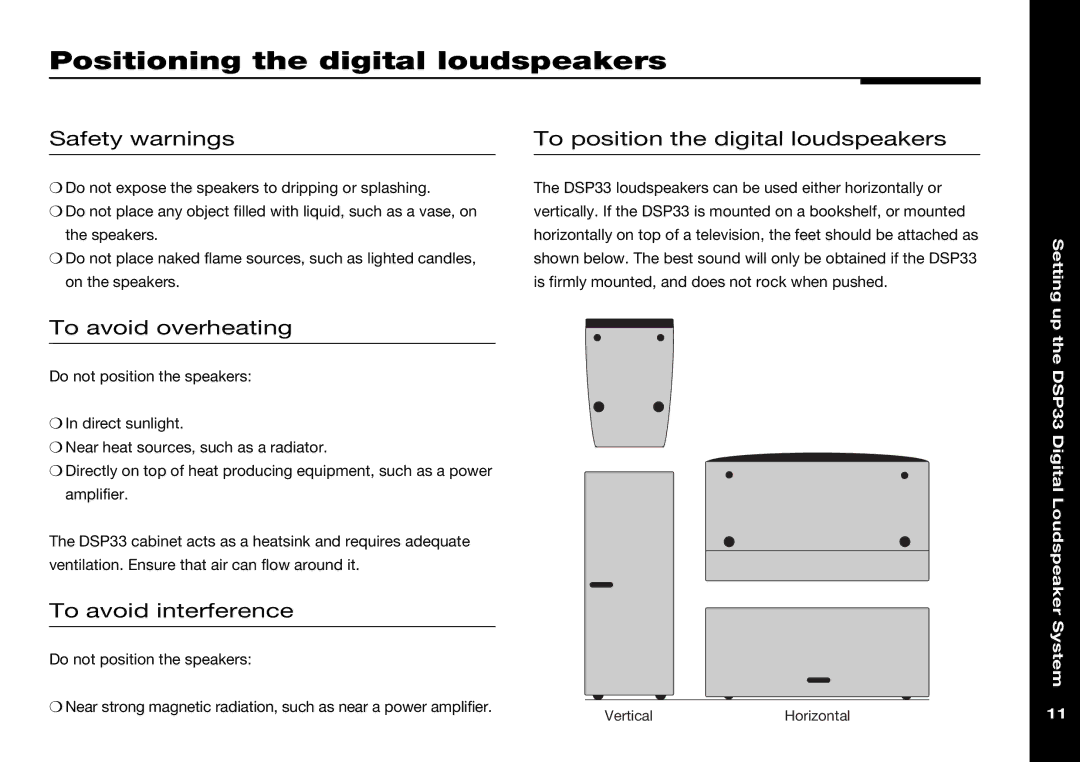 Meridian America DSP33 manual Positioning the digital loudspeakers, Safety warnings, To position the digital loudspeakers 