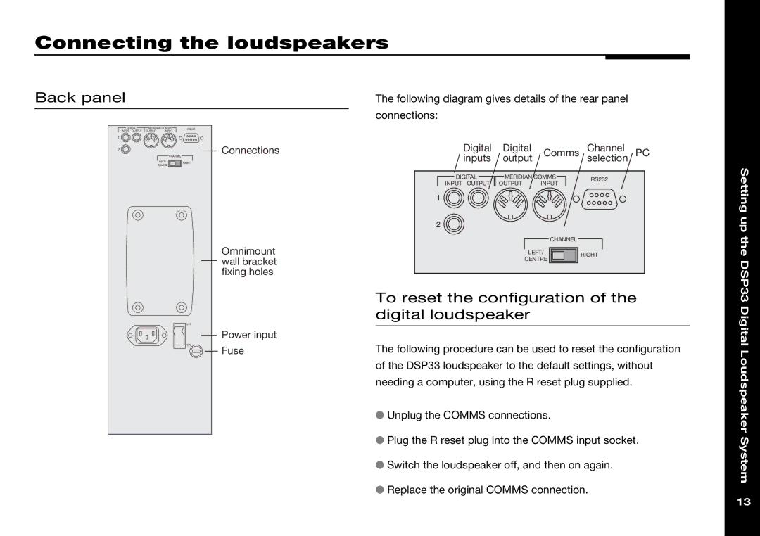 Meridian America DSP33 Connecting the loudspeakers, Back panel, To reset the configuration of the digital loudspeaker 