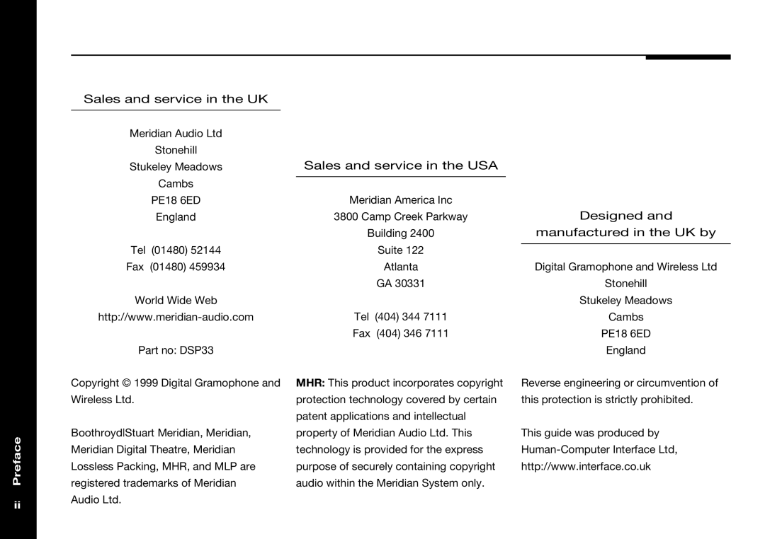 Meridian America DSP33 manual Sales and service in the UK 
