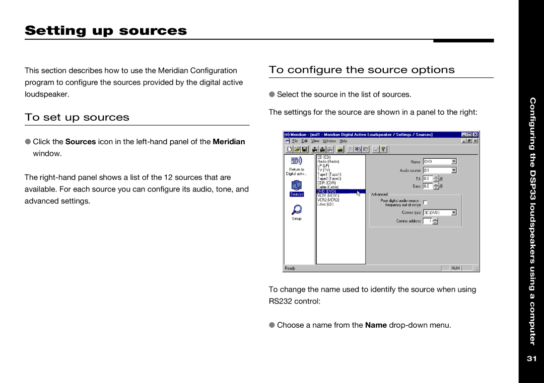 Meridian America DSP33 manual Setting up sources, To set up sources, To configure the source options 