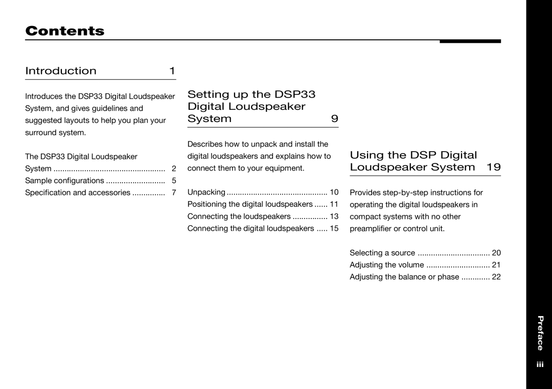 Meridian America DSP33 manual Contents 