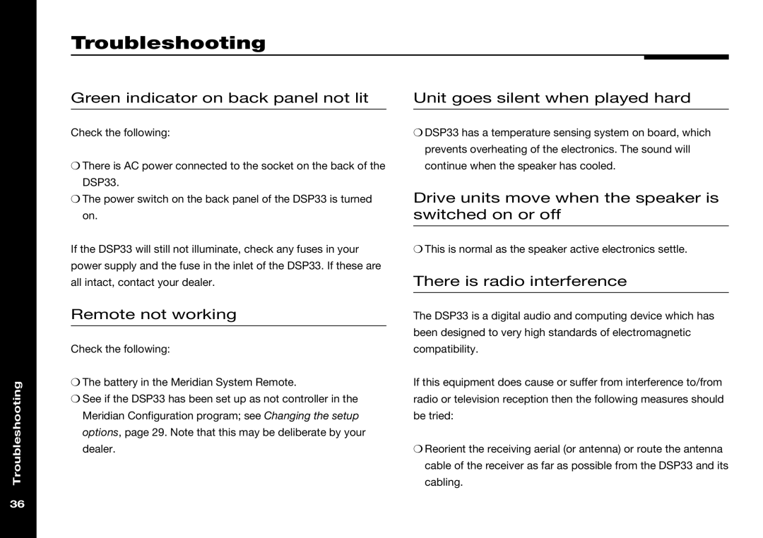 Meridian America DSP33 manual Troubleshooting 