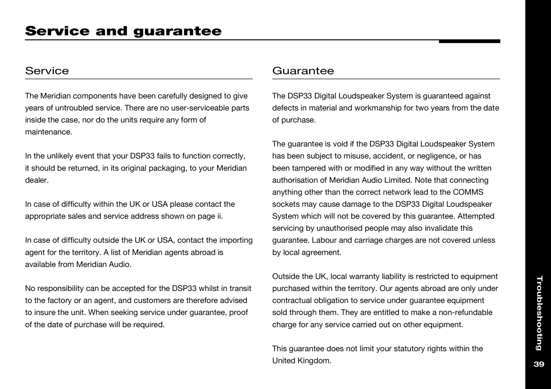 Meridian America DSP33 manual Service and guarantee, Guarantee 