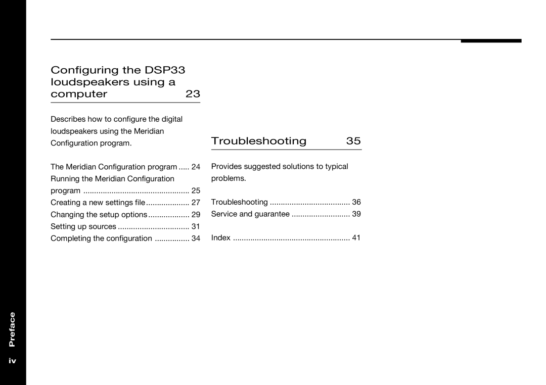 Meridian America manual Configuring the DSP33 Loudspeakers using a Computer, Troubleshooting 