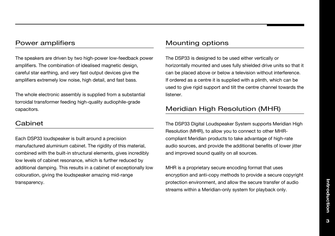 Meridian America DSP33 manual Power amplifiers, Cabinet, Mounting options, Meridian High Resolution MHR 