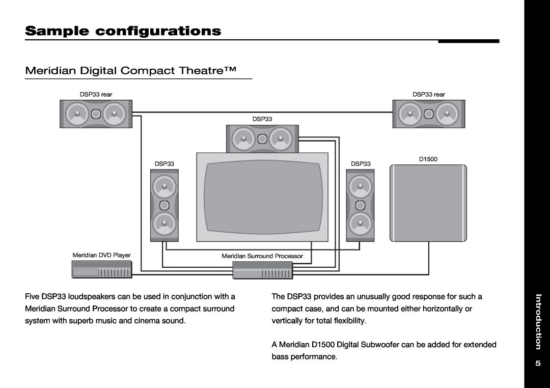 Meridian America DSP33 manual Sample configurations, Meridian Digital Compact Theatre, Introduction 