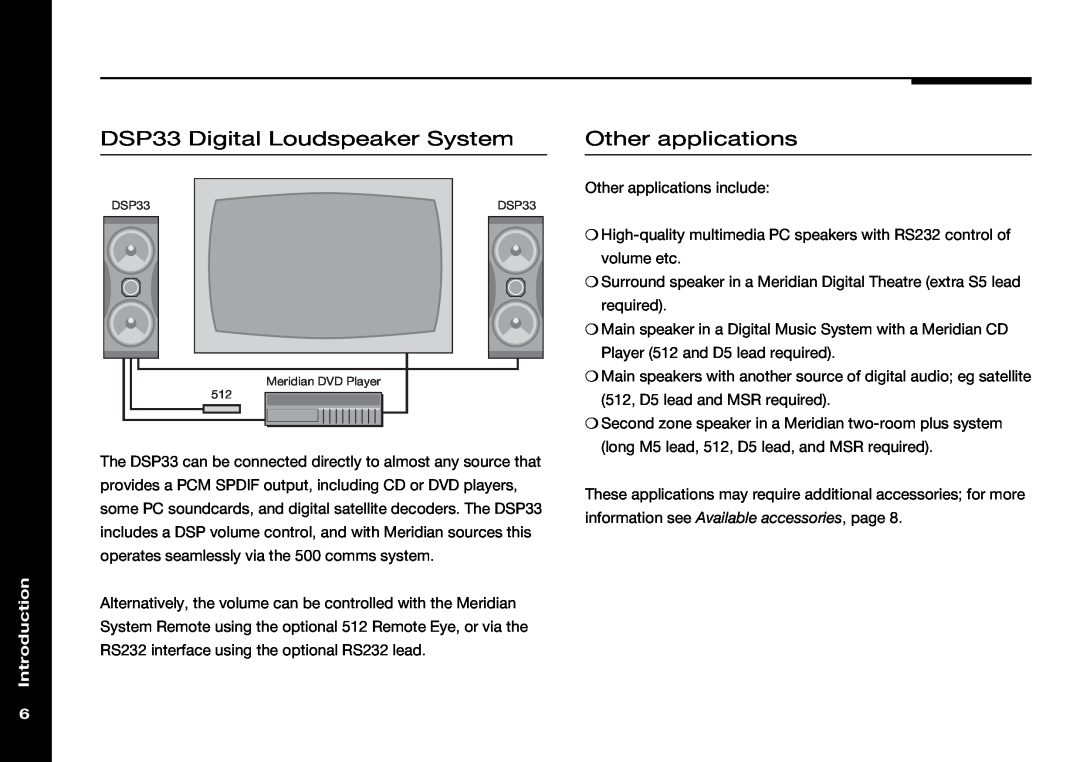 Meridian America manual DSP33 Digital Loudspeaker System, Other applications, Introduction 