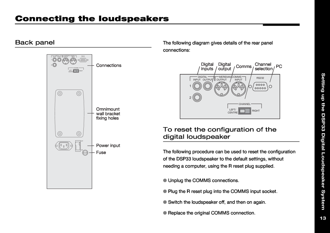 Meridian America DSP33 Connecting the loudspeakers, Back panel, To reset the configuration of the digital loudspeaker 