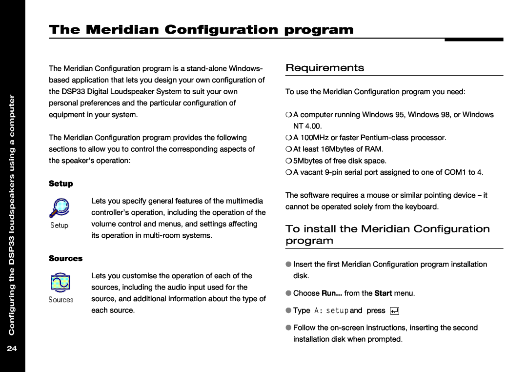 Meridian America DSP33 The Meridian Configuration program, Requirements, To install the Meridian Configuration program 