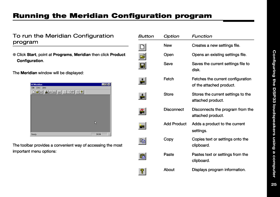 Meridian America DSP33 manual Running the Meridian Configuration program, To run the Meridian Configuration 