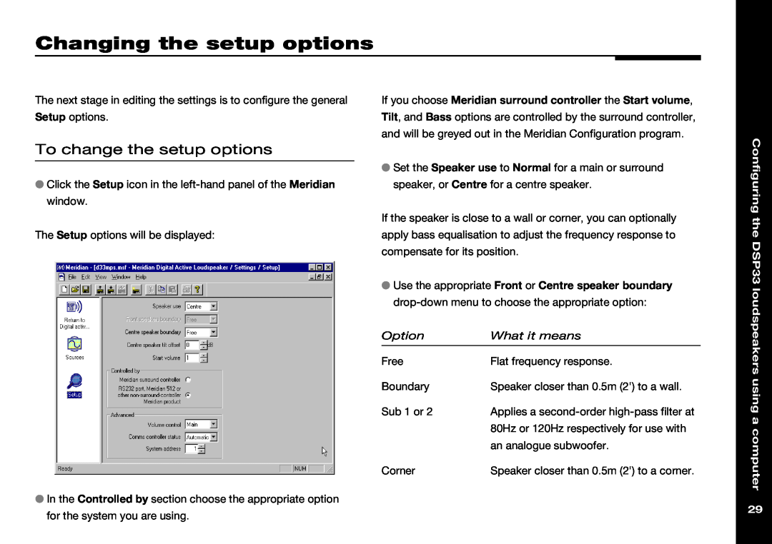 Meridian America DSP33 manual Changing the setup options, To change the setup options, using a computer 