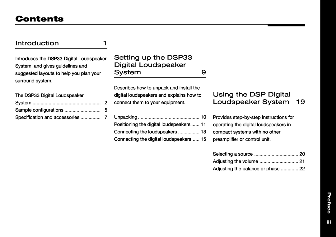 Meridian America manual Contents, Introduction1, Setting up the DSP33 Digital Loudspeaker System9, Preface 