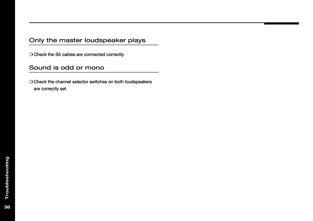 Meridian America DSP33 manual Only the master loudspeaker plays, Sound is odd or mono, Troubleshooting 