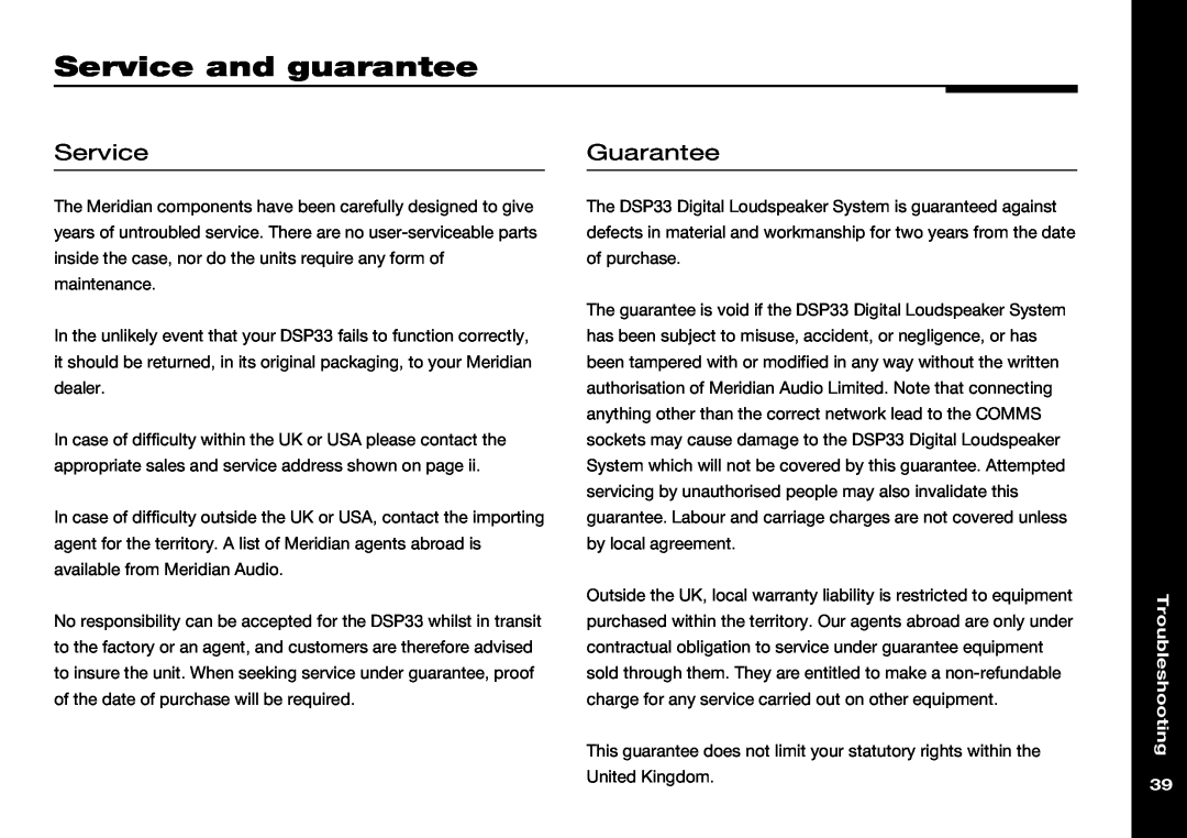 Meridian America DSP33 manual Service and guarantee, Guarantee, Troubleshooting 