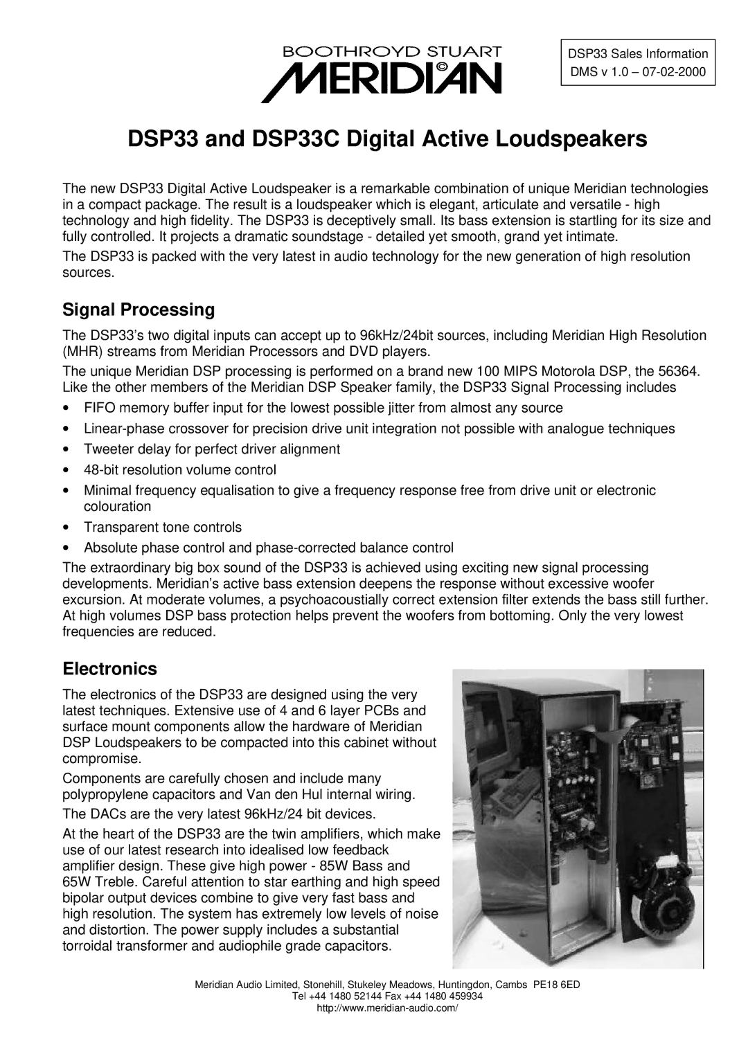 Meridian America manual DSP33 and DSP33C Digital Active Loudspeakers, Signal Processing, Electronics 