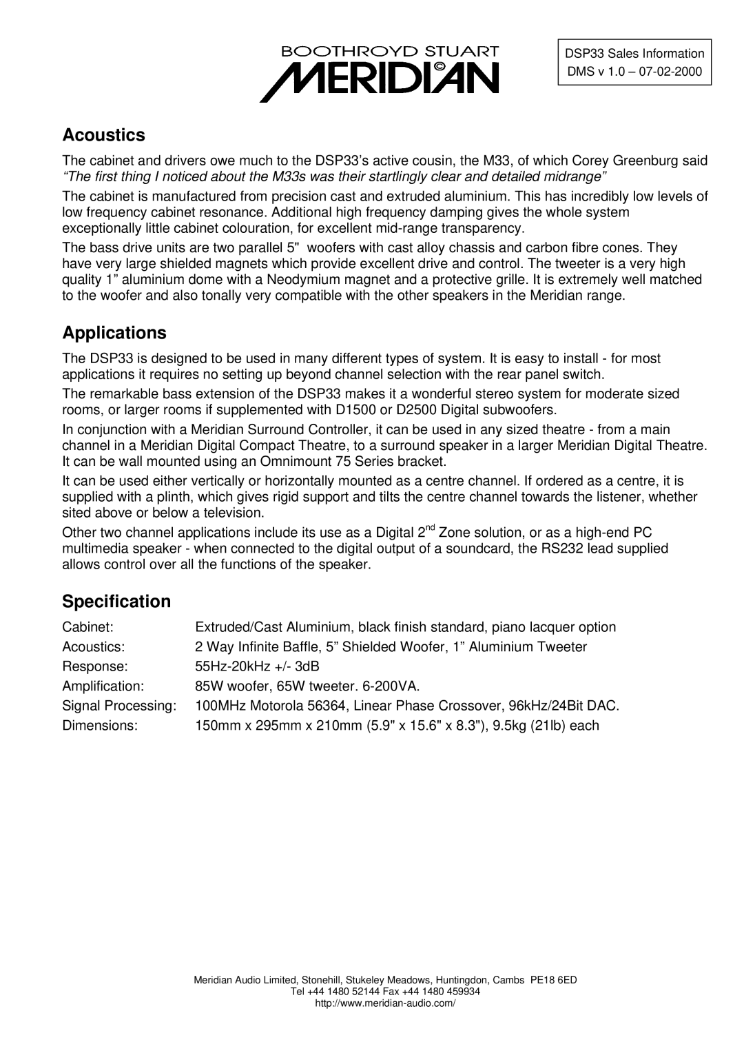 Meridian America DSP33C manual Acoustics, Applications, Specification 